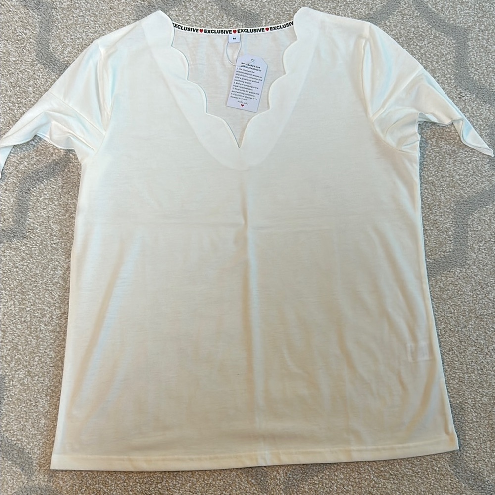 Scalloped V-Neck Cream Top